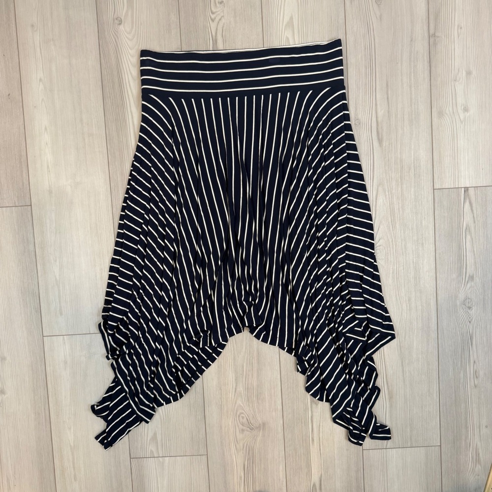 Cabi Twirl Skirt Womens XL Navy Blue White Striped Handkerchief Hem Style 5183